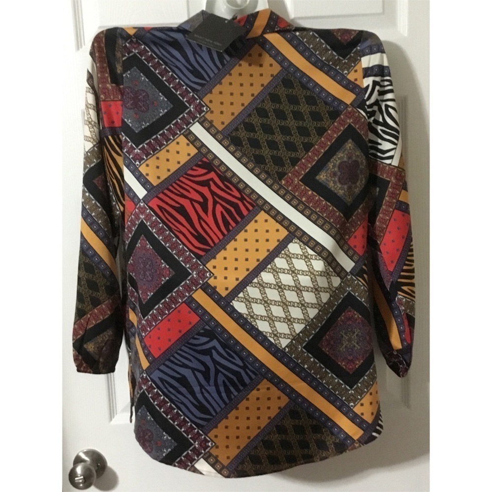 Marc New York Patchwork Geometric & Animal Print Blouse Size M - Picture 7 of 12